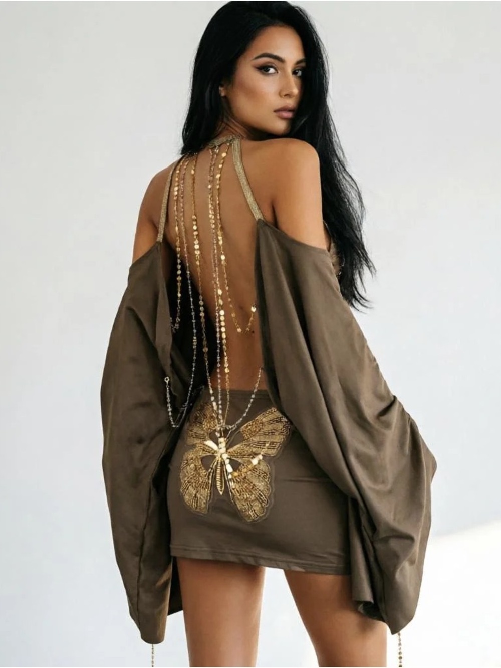 Miss Rosier Jimena Brown Cold Shoulder Embellished Mini Dress Size XS NWT
